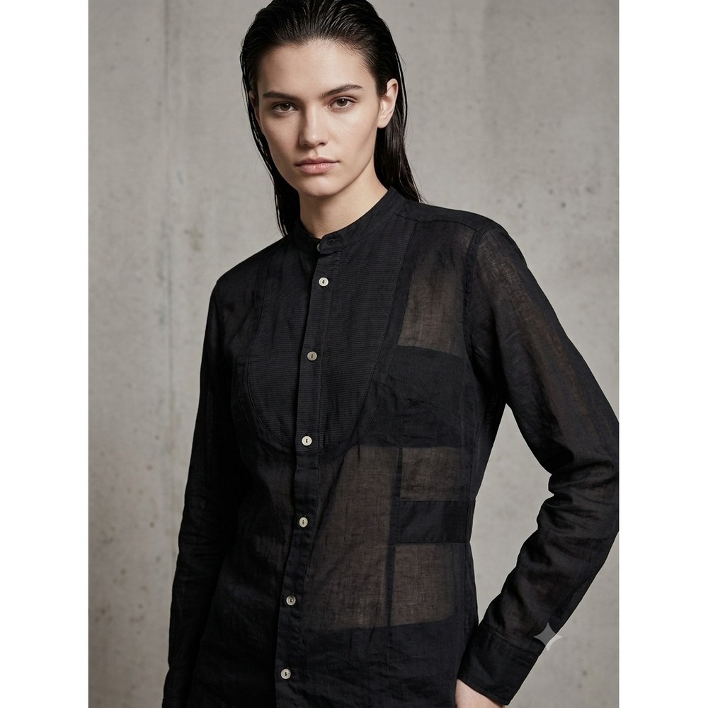 Diesel Black Gold Womens Black Sheer Tuxedo Bib Band Collar Shirt Large